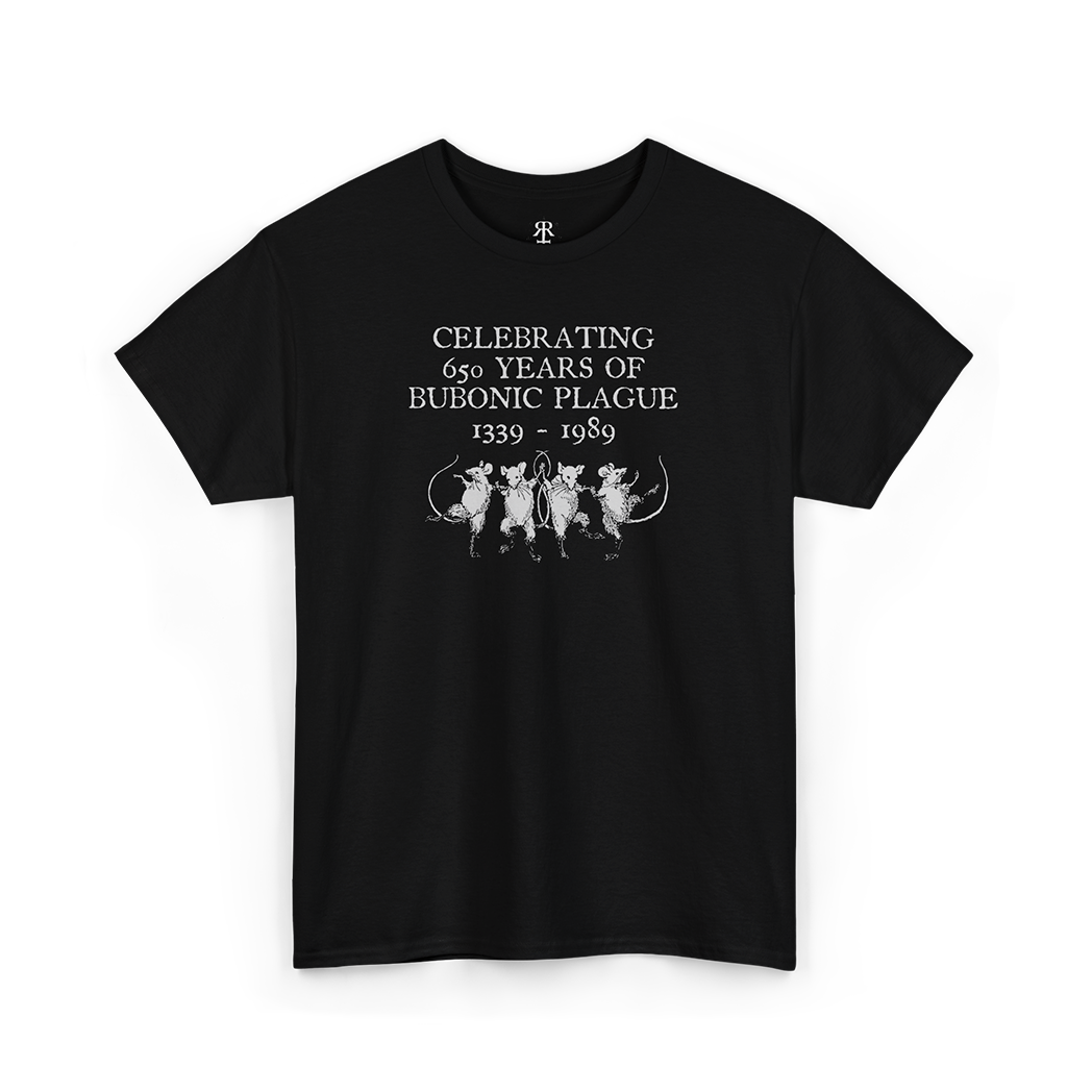 Black crew neck t-shirt with text and graphic related to the Bubonic Plague.