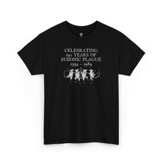 Black crew neck t-shirt with text and graphic related to the Bubonic Plague.