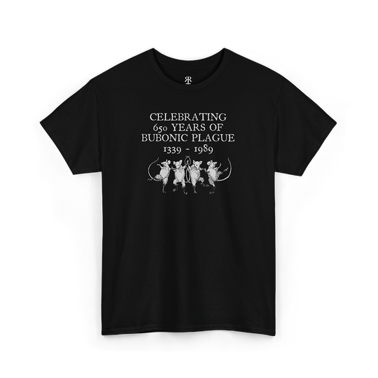 Black crew neck t-shirt with text and graphic related to the Bubonic Plague.