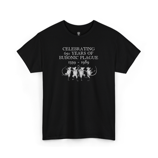 Black crew neck t-shirt with text and graphic related to the Bubonic Plague.