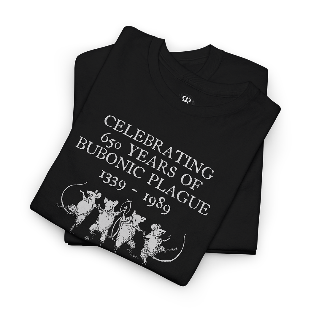 Black crew neck t-shirt with text and graphic related to the Bubonic Plague.