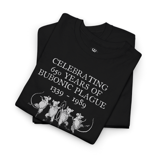 Black crew neck t-shirt with text and graphic related to the Bubonic Plague.