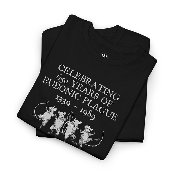 Black crew neck t-shirt with text and graphic related to the Bubonic Plague.