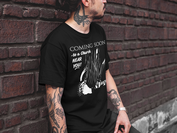 Man wearing Burzum Coming Soon To A Church Near You T-Shirt