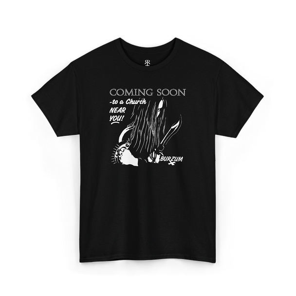 Burzum Coming Soon To A Church Near You T-Shirt showing Varg Vikernes