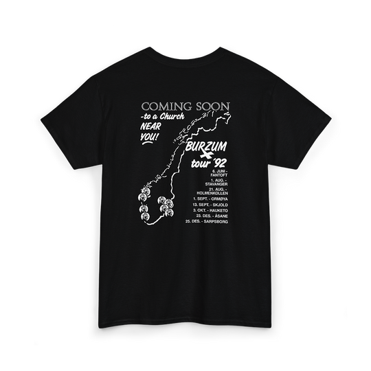 Burzum Coming Soon To A Church Near You T-Shirt showing Varg Vikernes