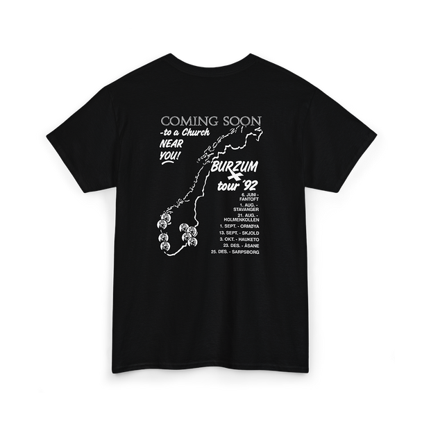 Burzum Coming Soon To A Church Near You T-Shirt showing Varg Vikernes