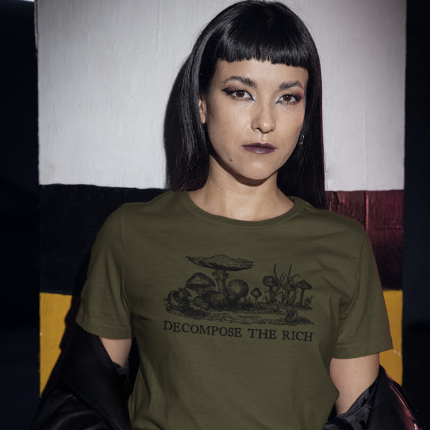 Alternative woman wearing olive green Decompose the Rich T-Shirt