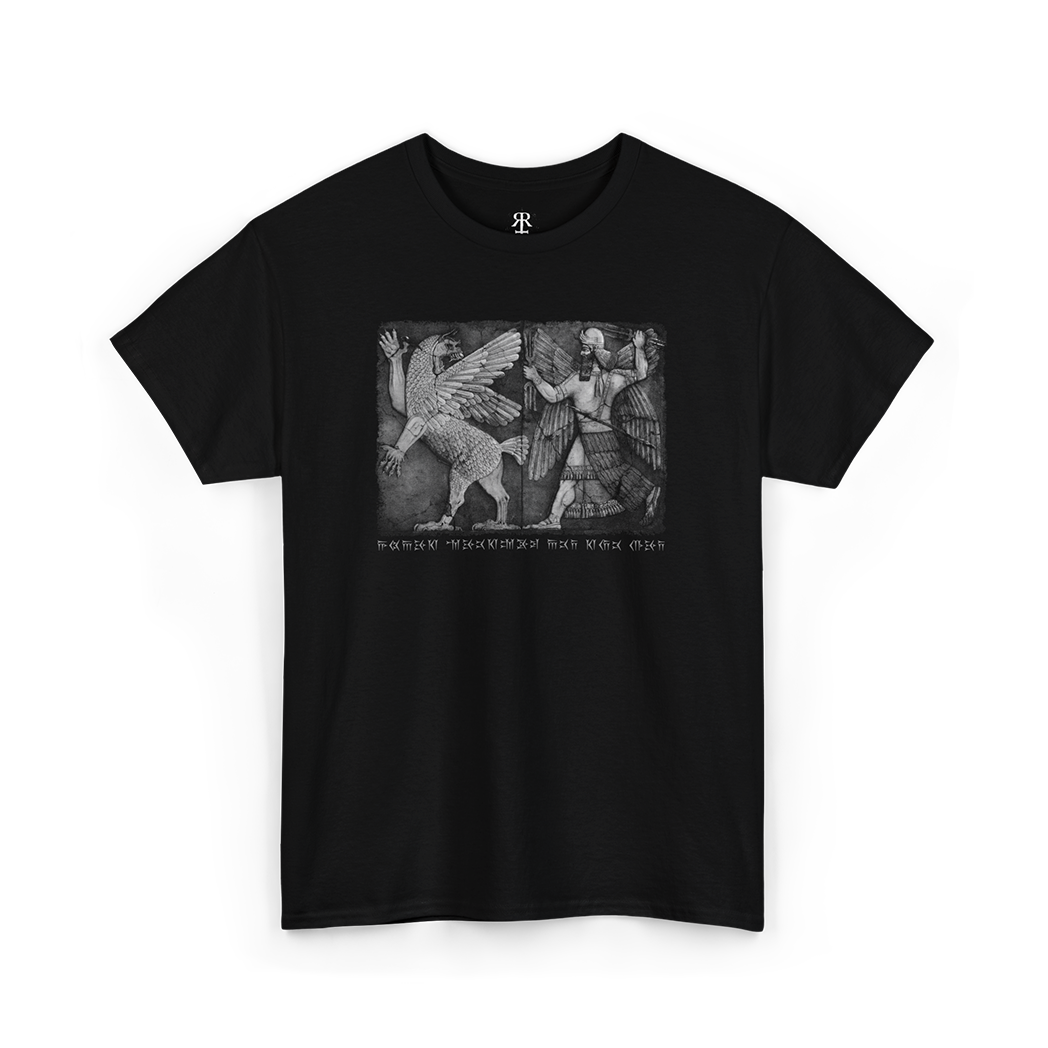 Black t-shirt showing depiction of the Chaos Monster and the Sun God