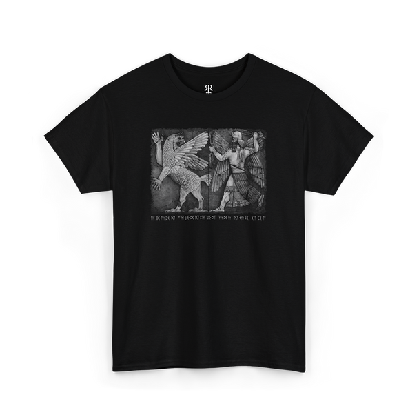 Black t-shirt showing depiction of the Chaos Monster and the Sun God