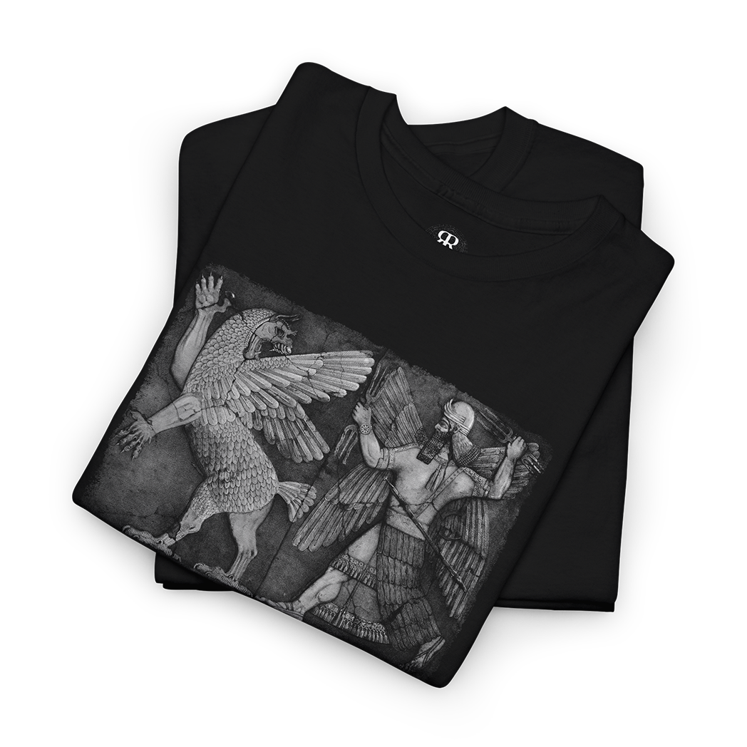 Black t-shirt showing depiction of the Chaos Monster and the Sun God