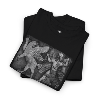 Black t-shirt showing depiction of the Chaos Monster and the Sun God