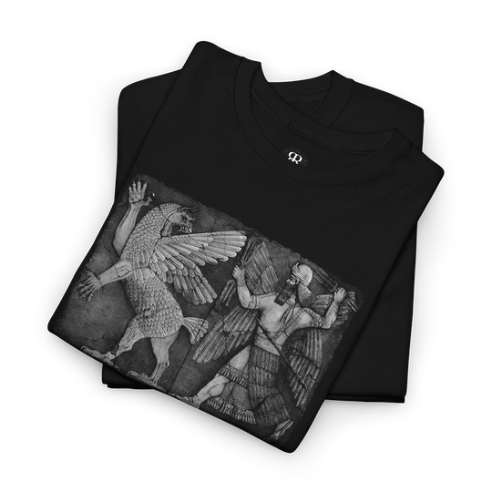 Black t-shirt showing depiction of the Chaos Monster and the Sun God