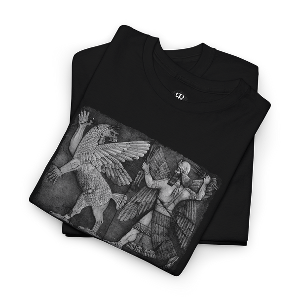 Black t-shirt showing depiction of the Chaos Monster and the Sun God