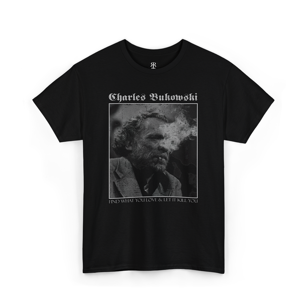 Black Charles Bukowski T-shirt with a monochrome image of Charles Bukowski