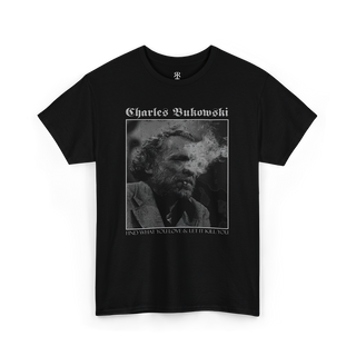 Black Charles Bukowski T-shirt with a monochrome image of Charles Bukowski
