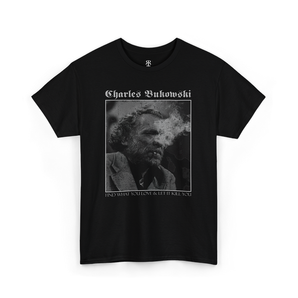 Black Charles Bukowski T-shirt with a monochrome image of Charles Bukowski