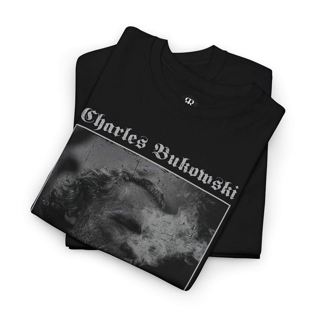 Black Charles Bukowski T-shirt with a monochrome image of Charles Bukowski