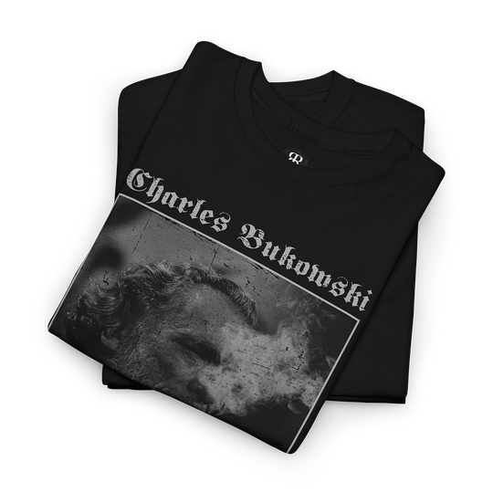 Black Charles Bukowski T-shirt with a monochrome image of Charles Bukowski