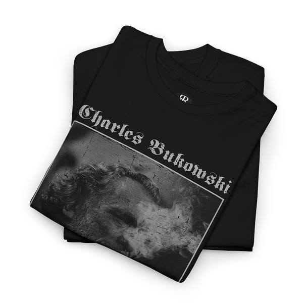 Black Charles Bukowski T-shirt with a monochrome image of Charles Bukowski