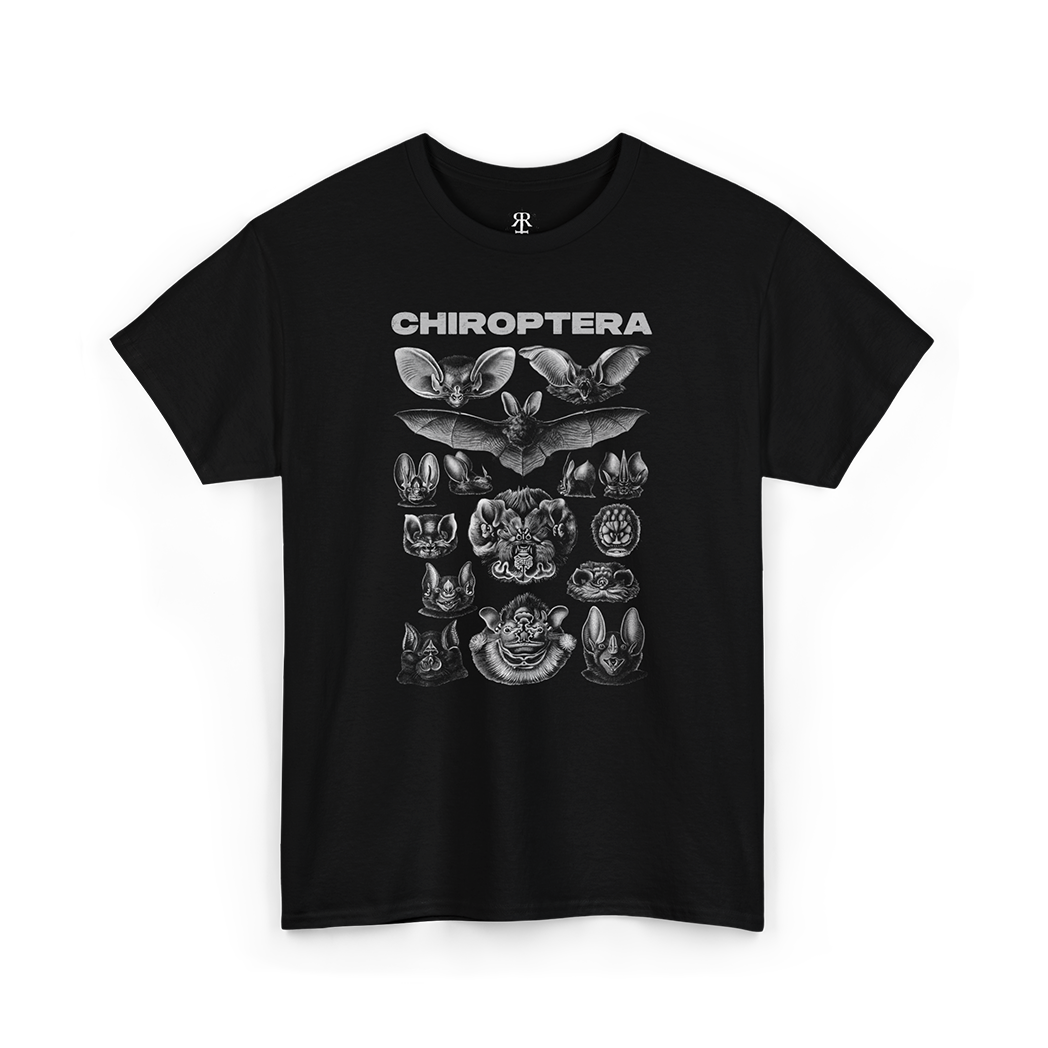 A black t-shirt with 'CHIROPTERA' text and various bat illustrations in a vintage style.