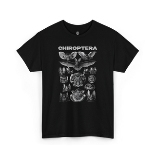 A black t-shirt with 'CHIROPTERA' text and various bat illustrations in a vintage style.