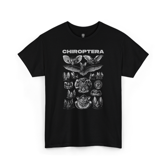 A black t-shirt with 'CHIROPTERA' text and various bat illustrations in a vintage style.