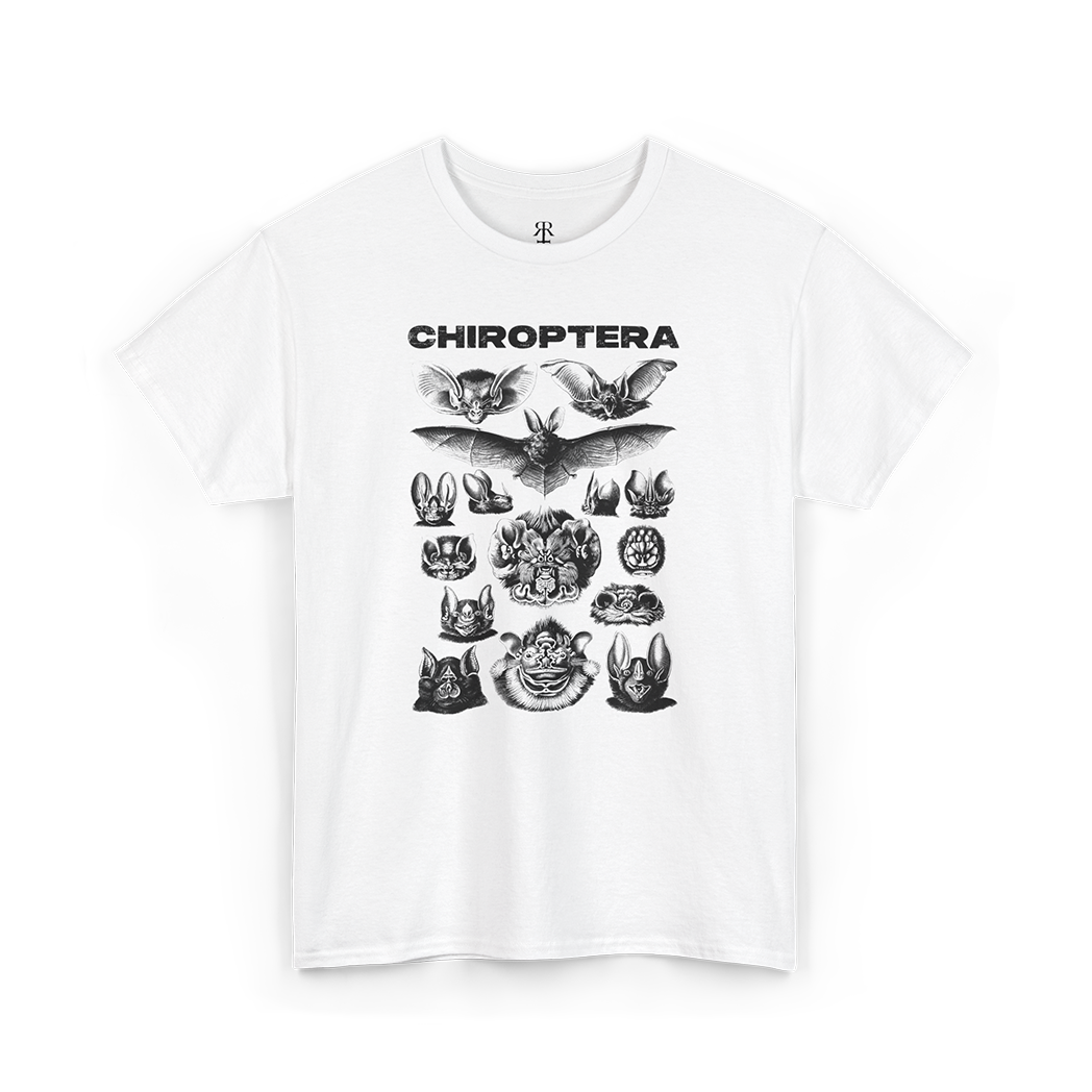 A white t-shirt with 'CHIROPTERA' text and various bat illustrations in a vintage style.