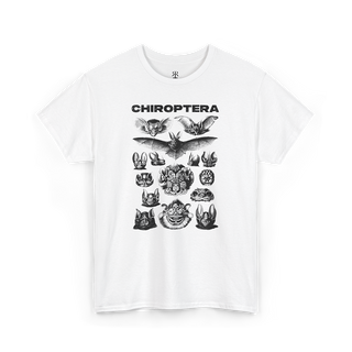A white t-shirt with 'CHIROPTERA' text and various bat illustrations in a vintage style.