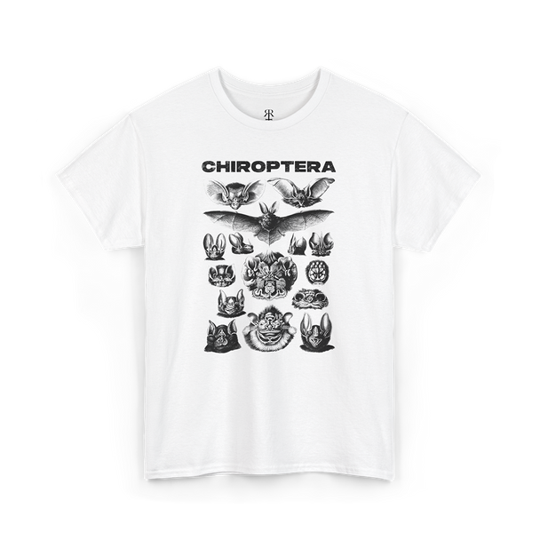 A white t-shirt with 'CHIROPTERA' text and various bat illustrations in a vintage style.