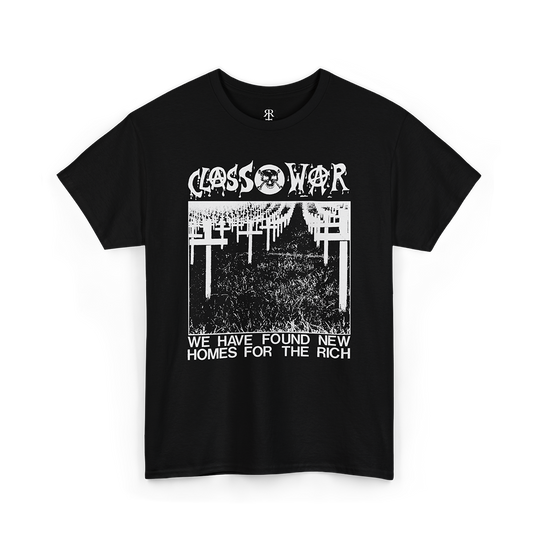 Class War unisex T-shirt, black with anarchist and anti-elite slogan design