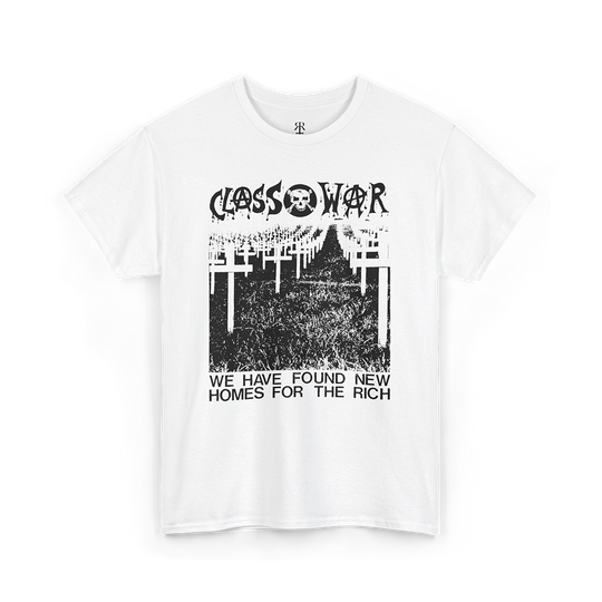 Class War unisex T-shirt, white with anarchist and anti-elite slogan design