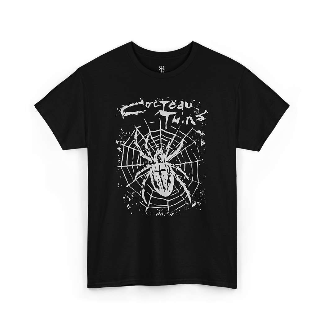 Black T-shirt with a graphic print of a spider and the text 'Cocteau Twins' on the front.
