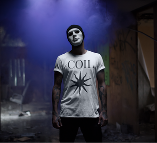 Man wearing white Coil Black Sun T-Shirt