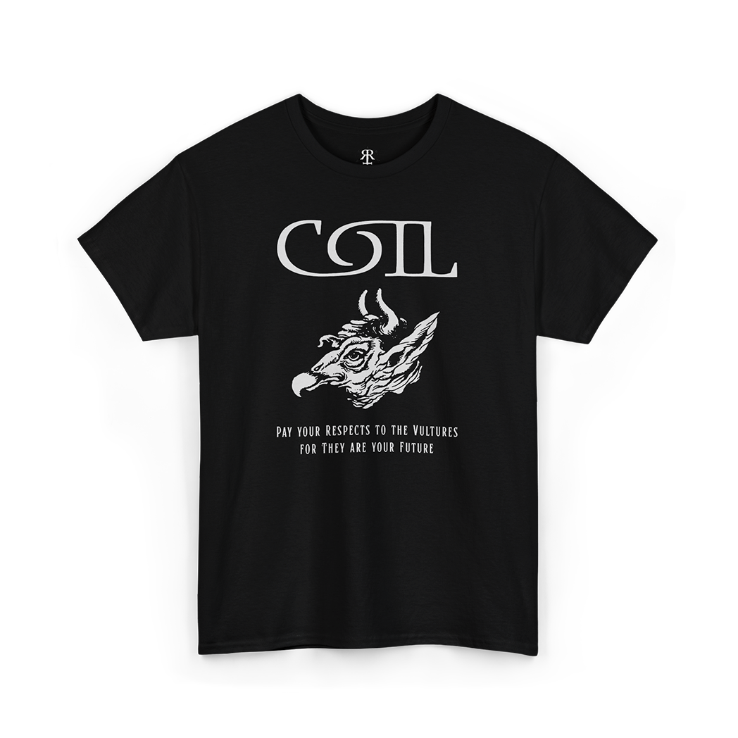 A black Coil Vultures t-shirt featuring a white graphic design with the band's name and a demon illustration