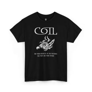 A black Coil Vultures t-shirt featuring a white graphic design with the band's name and a demon illustration