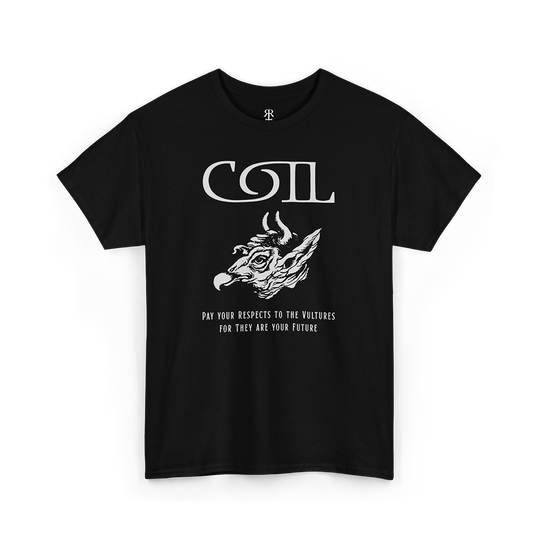 A black Coil Vultures t-shirt featuring a white graphic design with the band's name and a demon illustration