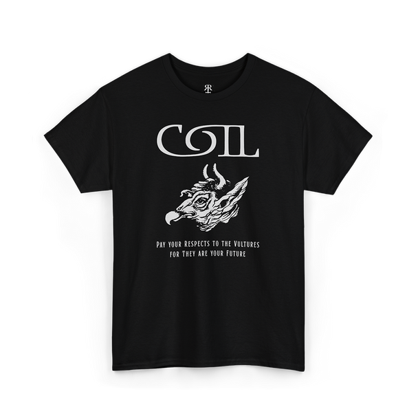 A black Coil Vultures t-shirt featuring a white graphic design with the band's name and a demon illustration