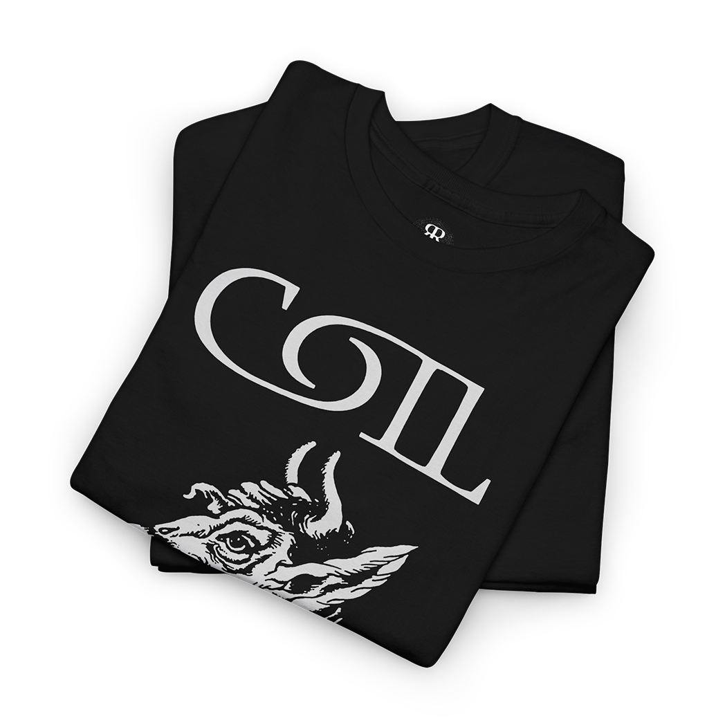 A black Coil Vultures t-shirt featuring a white graphic design with the band's name and a demon illustration