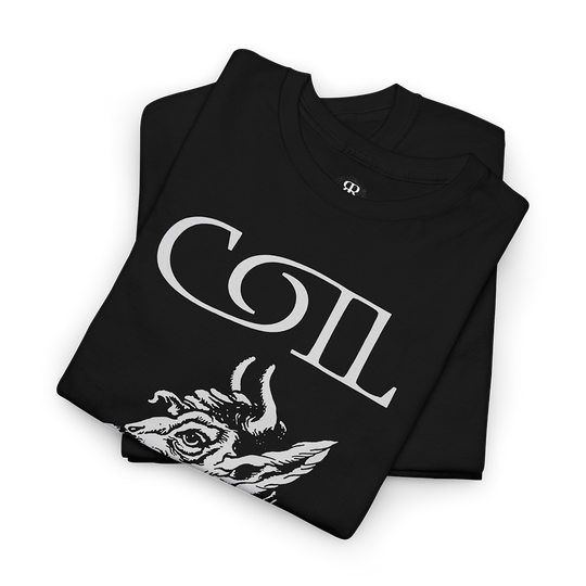 A black Coil Vultures t-shirt featuring a white graphic design with the band's name and a demon illustration