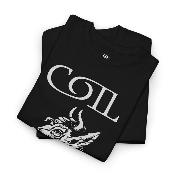 A black Coil Vultures t-shirt featuring a white graphic design with the band's name and a demon illustration
