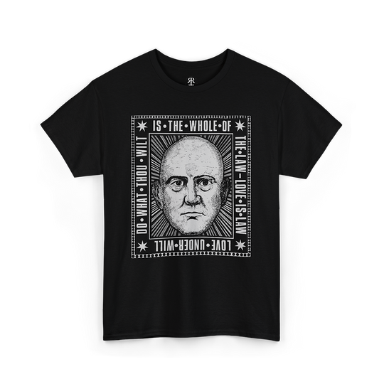 Black T-shirt featuring a print of Aleister Crowley's face and text saying Do What Thou Wilt is the Whole of the Law