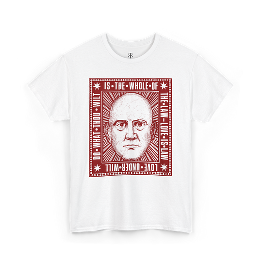 White T-shirt featuring a print of Aleister Crowley's face and text saying Do What Thou Wilt is the Whole of the Law