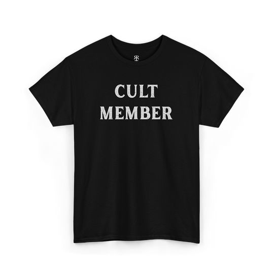This image displays a stylish black T-shirt featuring the phrase "CULT MEMBER" prominently printed in white text across the chest.