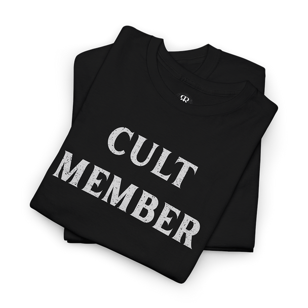 This image displays a stylish black T-shirt featuring the phrase "CULT MEMBER" prominently printed in white text across the chest.