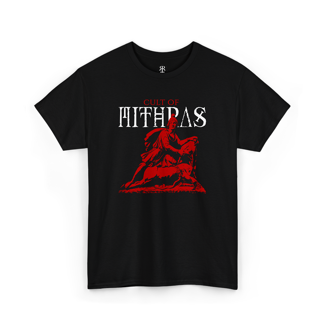 A black T-shirt with a graphic design featuring a figure on a bull, and the text 'CULT OF MITHRAS' 