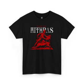 A black T-shirt with a graphic design featuring a figure on a bull, and the text 'CULT OF MITHRAS' 
