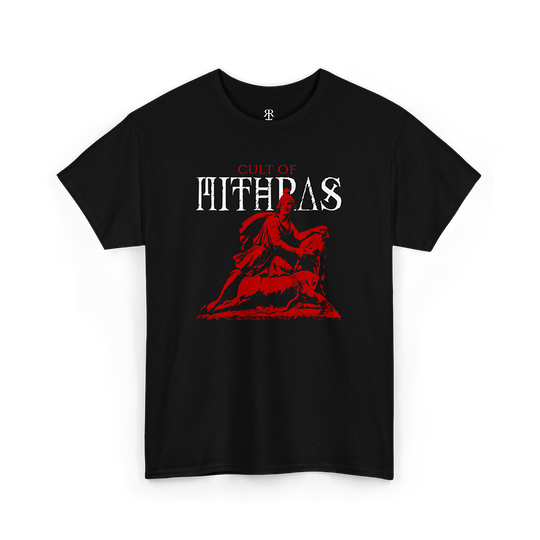 A black T-shirt with a graphic design featuring a figure on a bull, and the text 'CULT OF MITHRAS' 