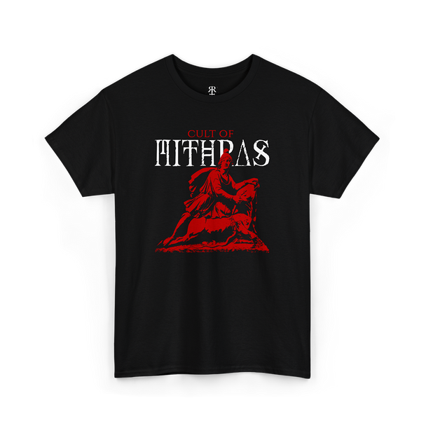 A black T-shirt with a graphic design featuring a figure on a bull, and the text 'CULT OF MITHRAS' 