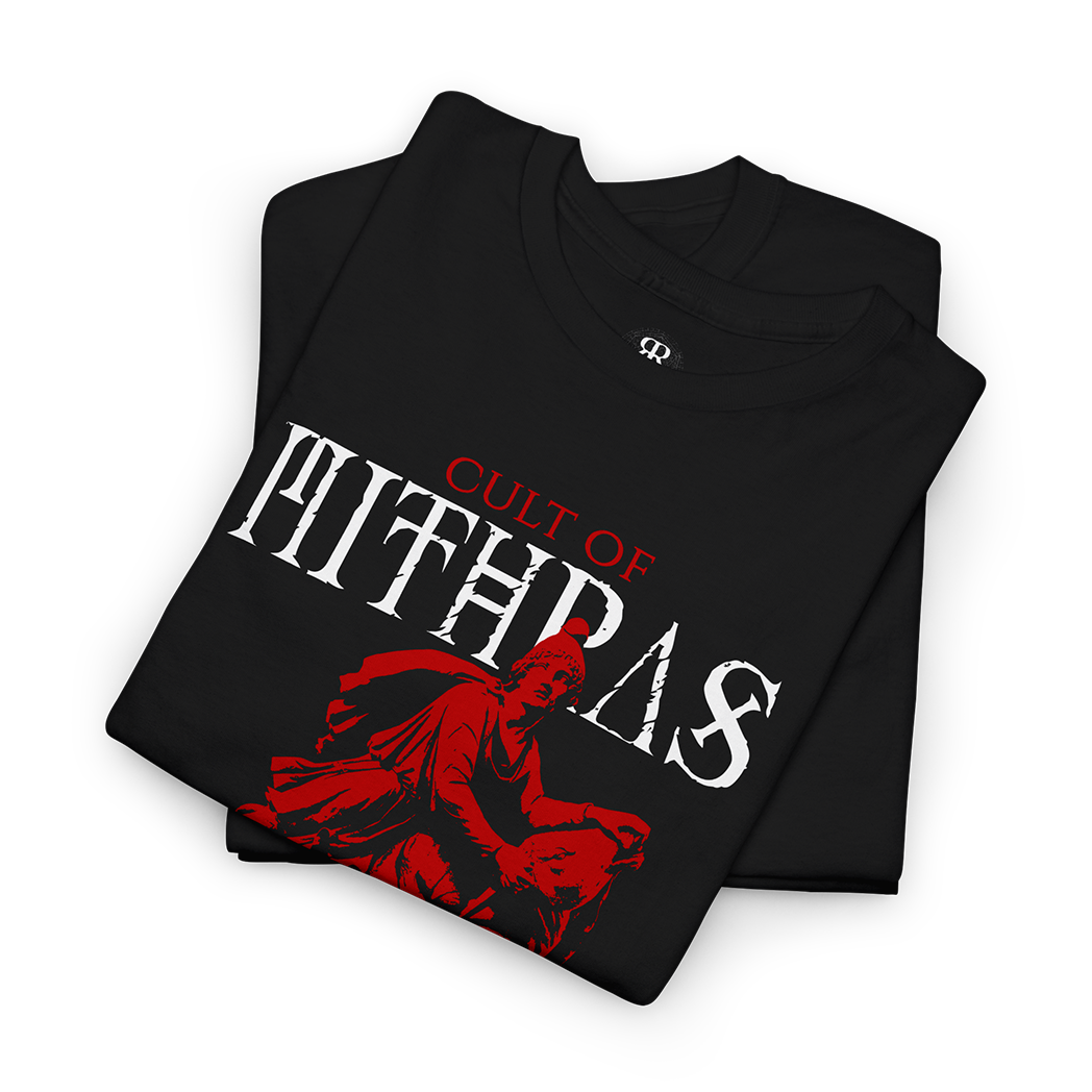 A black T-shirt with a graphic design featuring a figure on a bull, and the text 'CULT OF MITHRAS' 